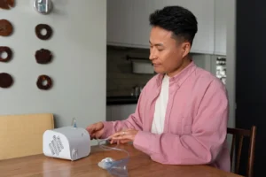 Seorang pria sedang menggunakan Nebulizer