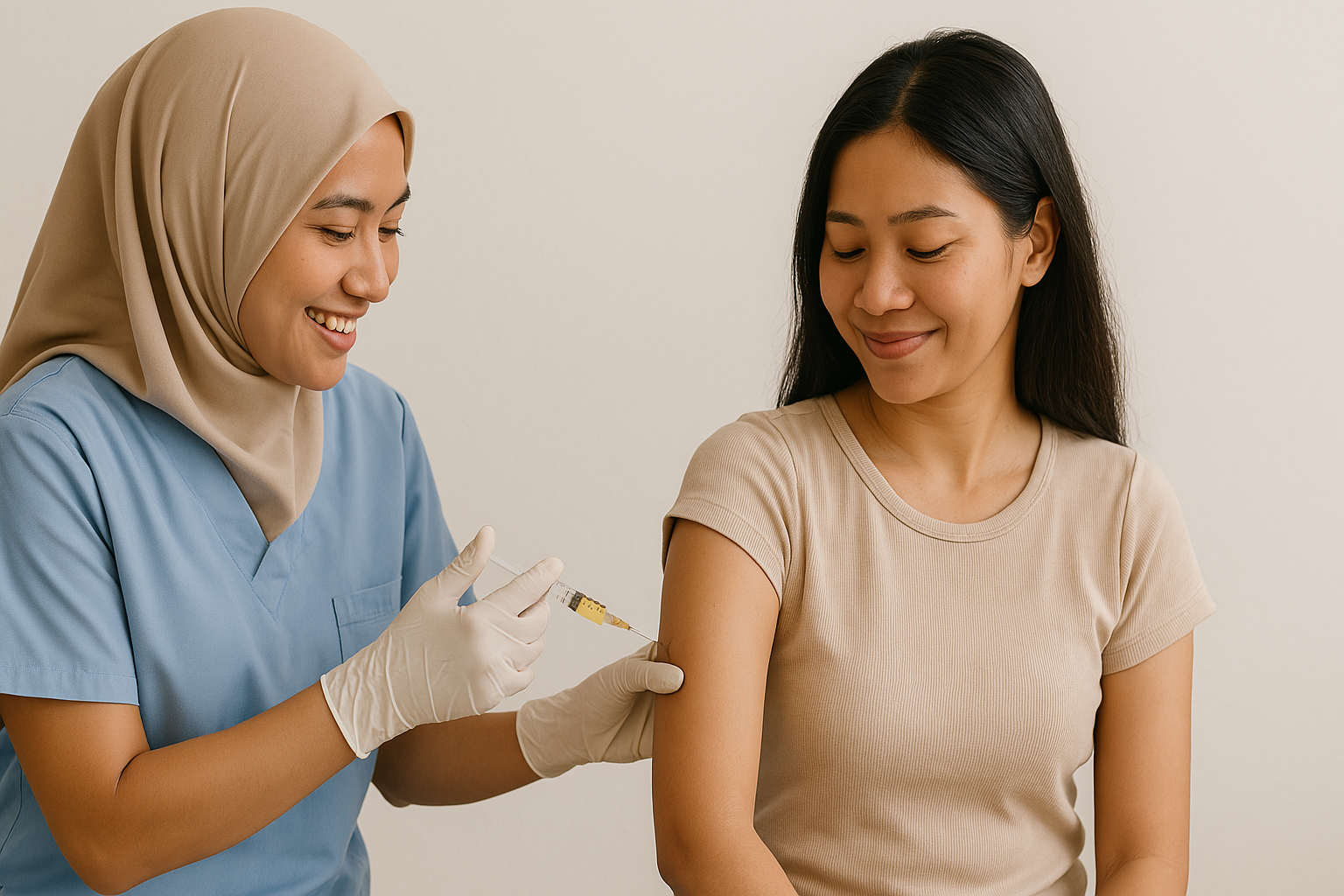 Seorang wanita sedang menyuntikan ke seseorang