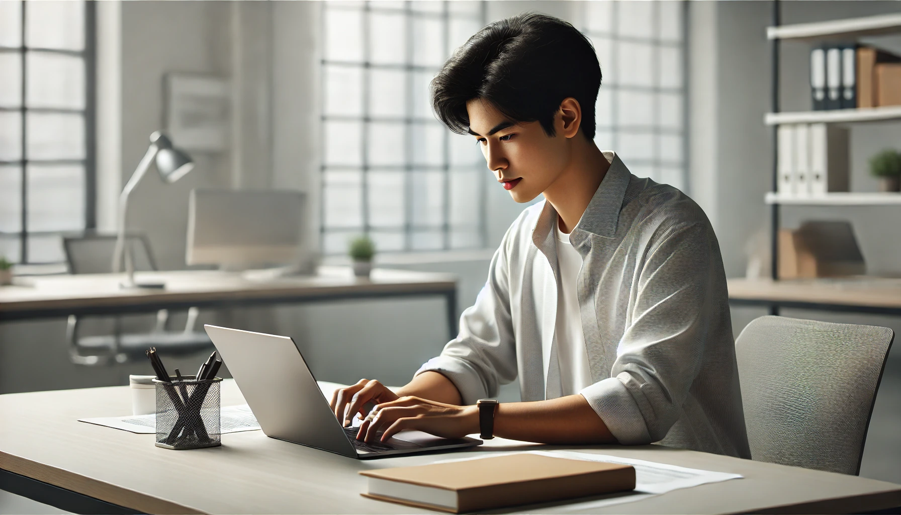Gambar AI seorang pria sedang bekerja di depan leptop