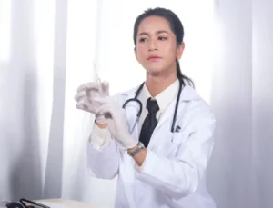 Gambar seorang dokter profesional sedang memegang alat suntik dengan ekspresi percaya diri - Perawathomecare