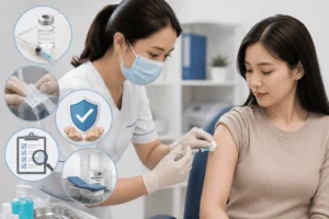 Gambar seorang pasien yang sedang menerima suntikan dari tenaga medis dengan ekspresi tenang dan nyaman - Perawathomecare
