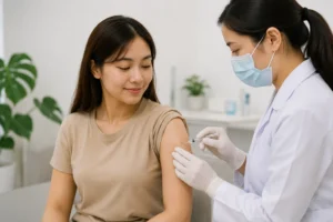 Seorang wanita sedang melakukan suntik vitamin dengan bantuan perawat di ruang klinik modern. Background clean, pencahayaan terang natural - Perawathomecare