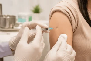 Gambar seorang pasien sedang disuntik oleh perawat - Perawathomecare