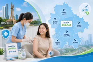 Gambar seorang perawat profesional sedang memberikan suntik vitamin kepada pasien, dengan latar belakang ilustrasi ikon atau siluet wilayah Bekasi yang modern dan elegan.