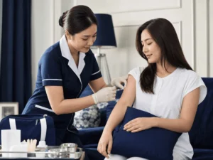 Seorang perawat profesional sedang memberikan suntikan kepada seorang pasien perempuan di ruang pemeriksaan yang bersih dan modern - Perawathomecare