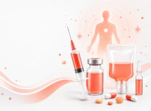 Healthtech modern bernuansa coral-red menampilkan jarum suntik, vial, ampul, kantong infus, kapsul, dan pil di depan siluet tubuh manusia sehat dengan lingkaran kesehatan di area dada.