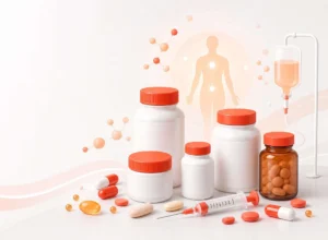 Healthtech modern berwarna coral-red yang menampilkan beberapa botol vitamin dan suplemen, kapsul serta tablet beragam dan siluet tubuh manusia sehat