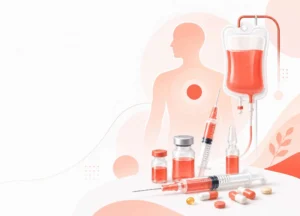 Healthtech modern dengan dominasi warna coral-red menampilkan beberapa jarum suntik, vial, ampul, kantong infus, kapsul, dan pil di depan siluet tubuh manusia sehat.