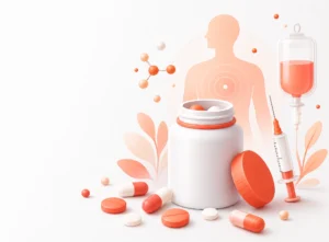 ealthtech modern berwarna coral-red menampilkan botol vitamin terbuka dengan kapsul dan tablet, jarum suntik, kantong infus, serta siluet tubuh manusia sehat