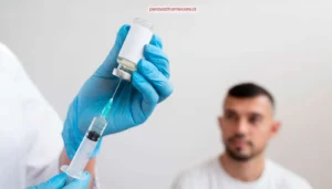 Gambar seorang pria melihat tangan dokter dan suntik vitamin